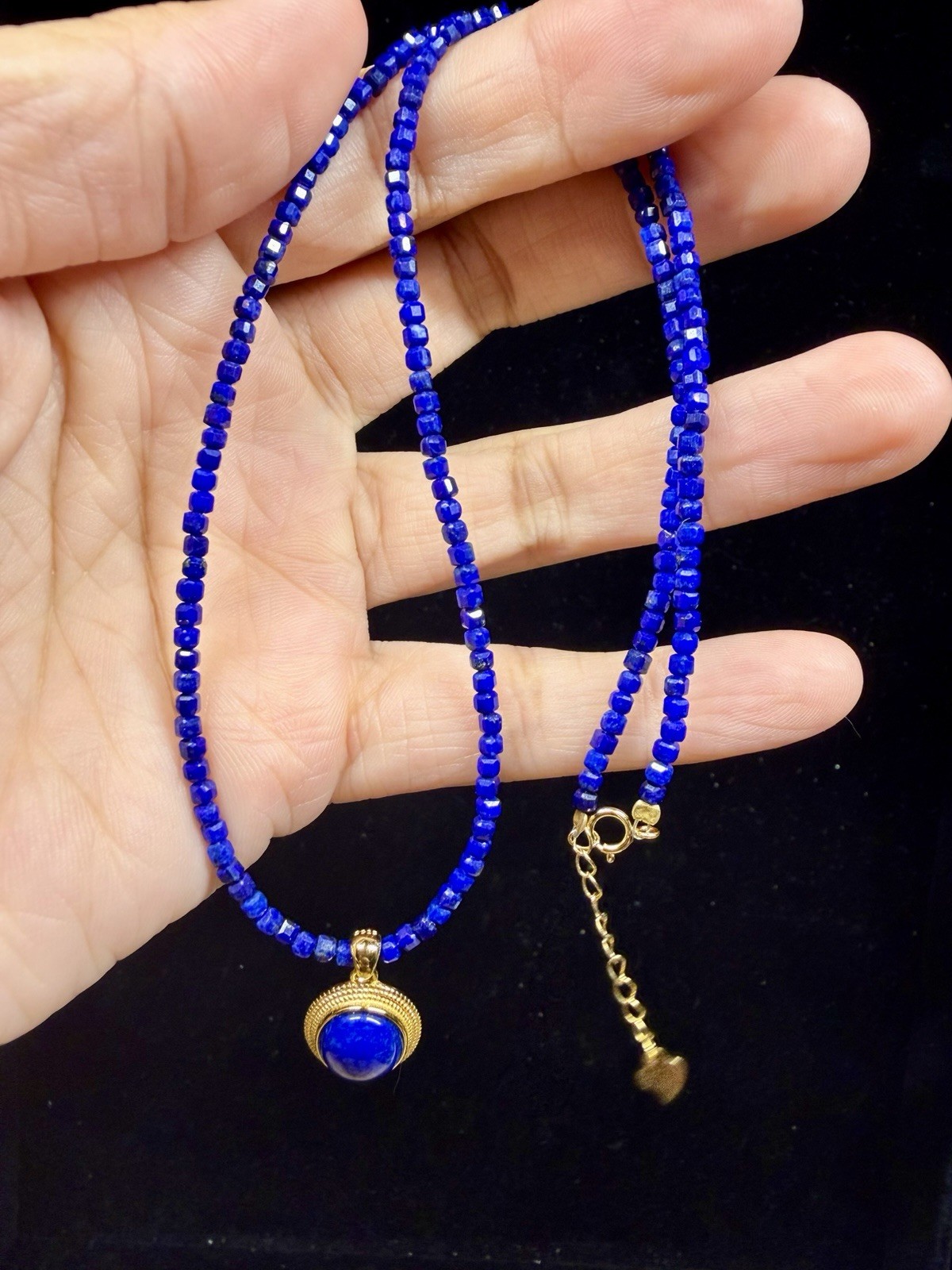 Premium Lapis Lazuli Beaded Necklace Oval Bezel Charm Pendant 925 Sterling