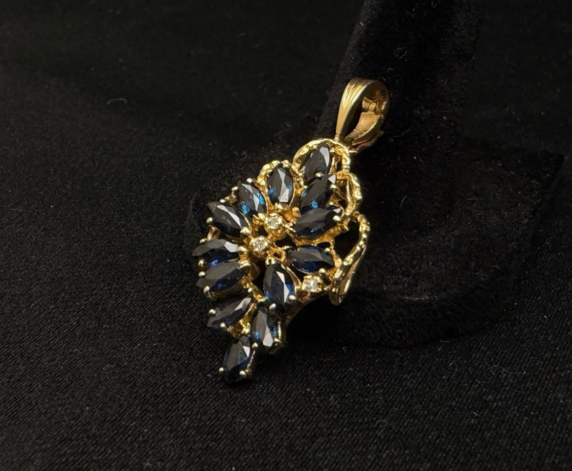 14K 585 Solid Yellow Gold Marquise Blue Sapphire & Diamond Pendant 5.28g