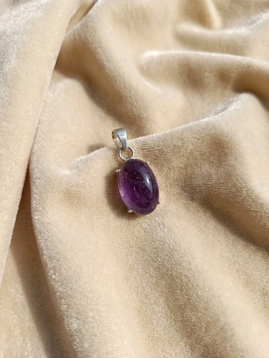 Purple Gemstone Oval Pendant Silver Tone Cabochon Jewelry Gift for Women