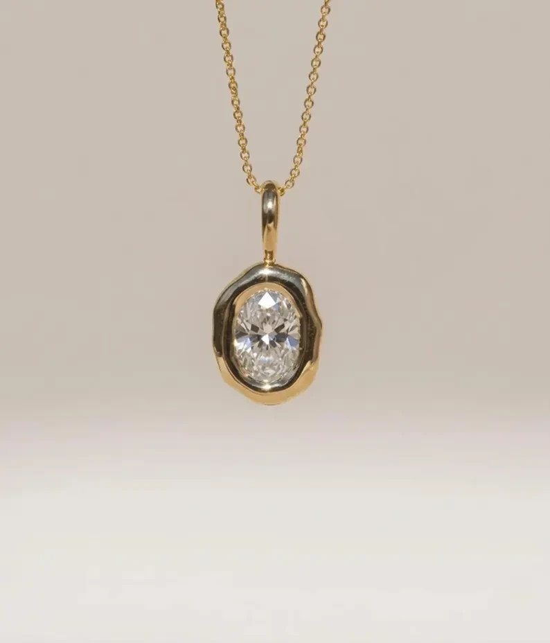 1.50 Ct Dainty Bezel Set Oval Moissanite Necklace 14k Gold Plated Gift for Her