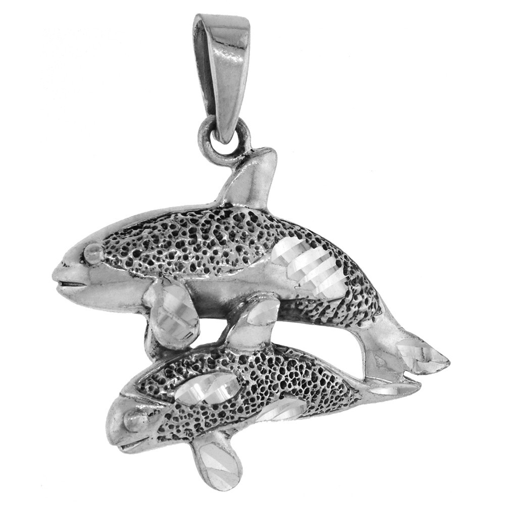 925 Sterling Silver Adult and Calf Gray Whales Pendant 1 3/8 Inch (35mm) Tall
