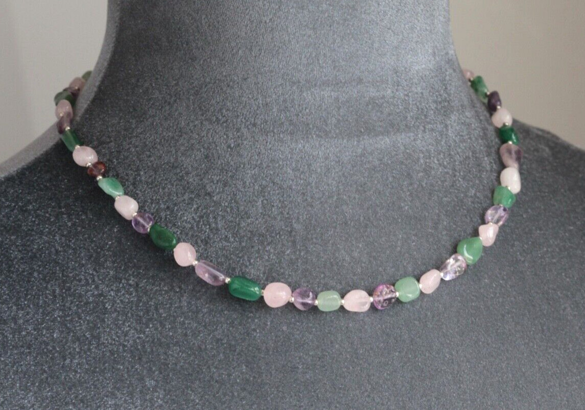 LODALITE AMETHYST, ROSE QUARTZ & GREEN AVENTURINE NECKLACE ~ 925 SILVER 19″