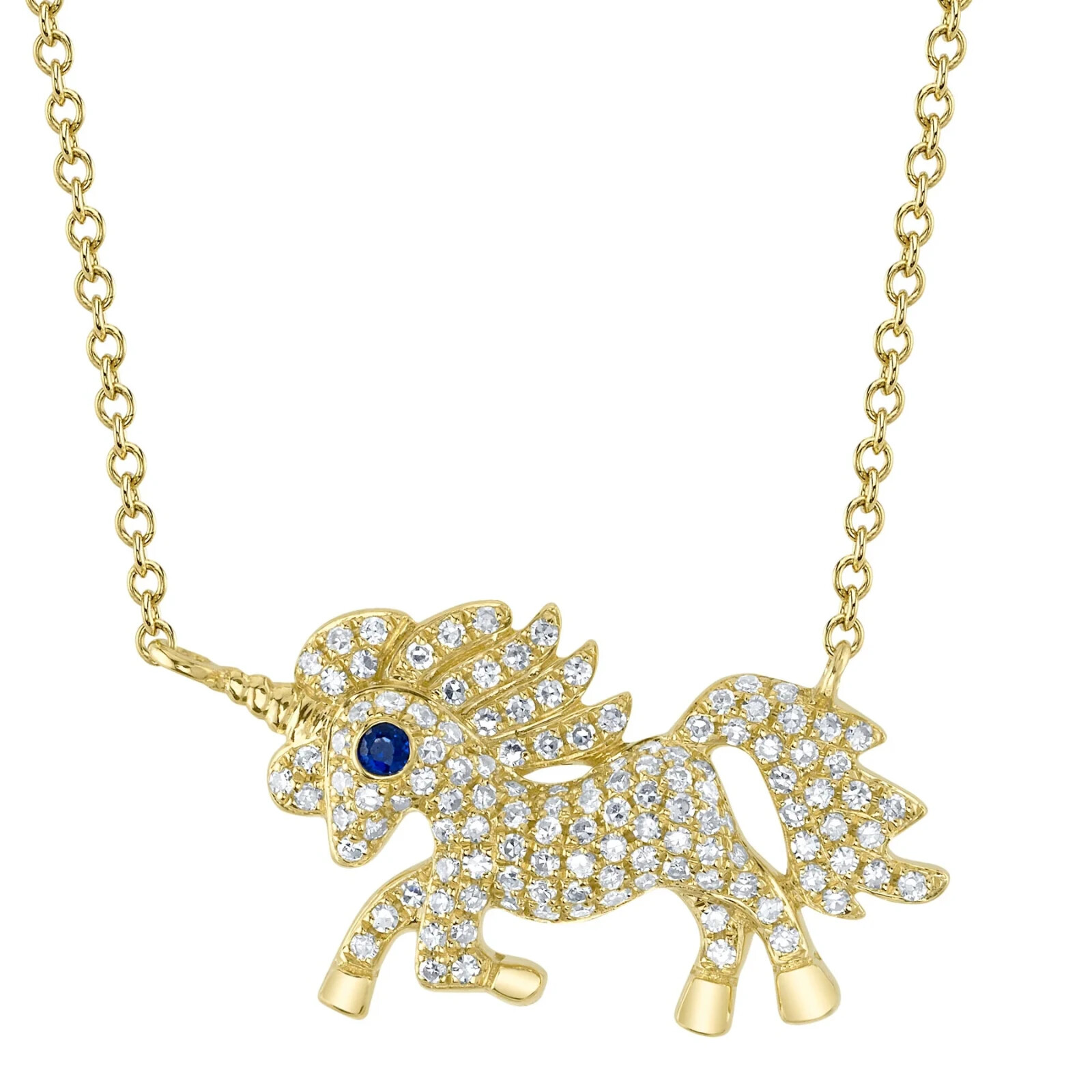 14K Gold Diamond Sapphire Unicorn Necklace Natural 0.30 CTW Horse