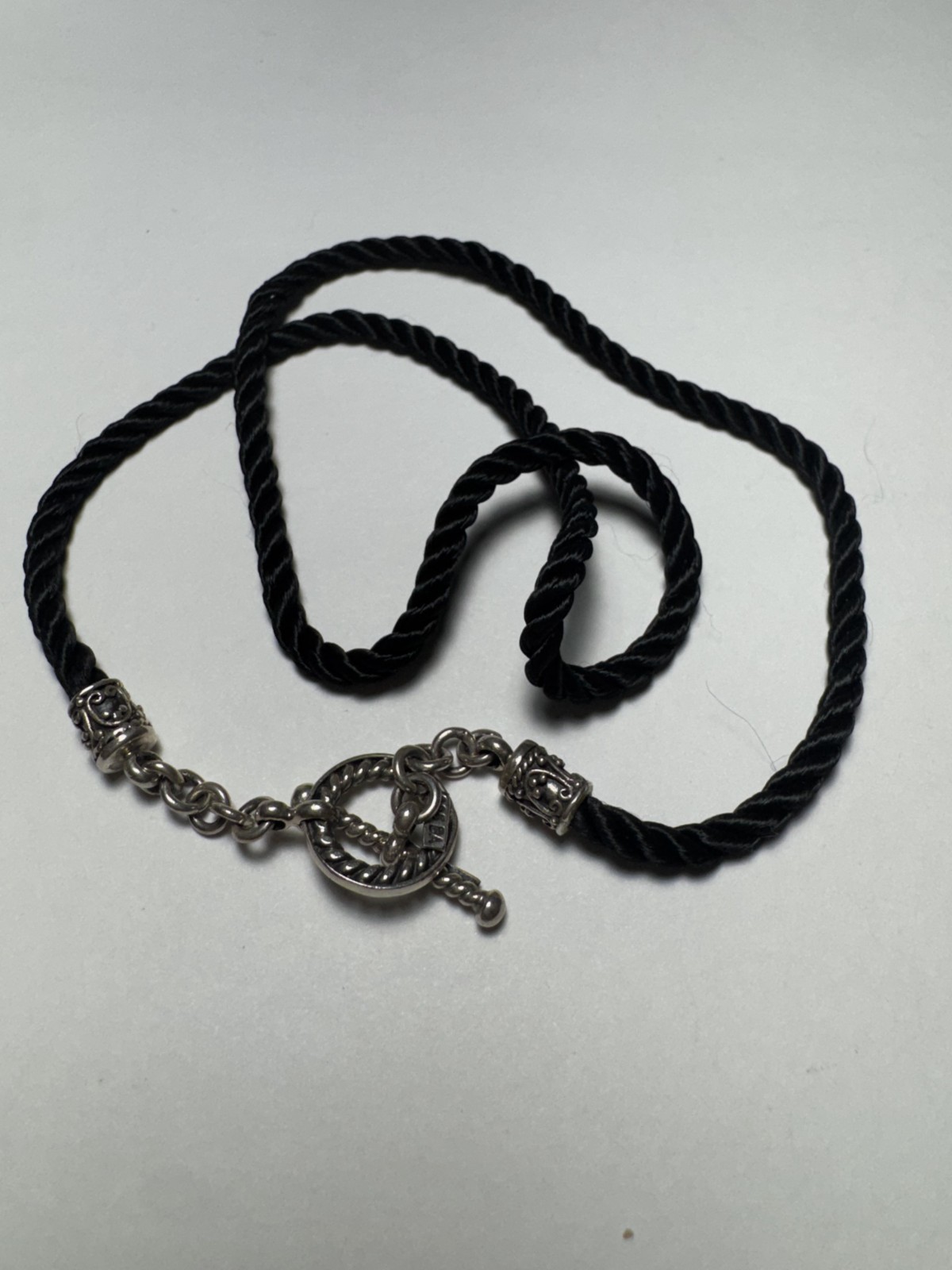 Suarti BA Bali 925 Sterling Silver Black Silk Cord Toggle Necklace 17.5″ 6g