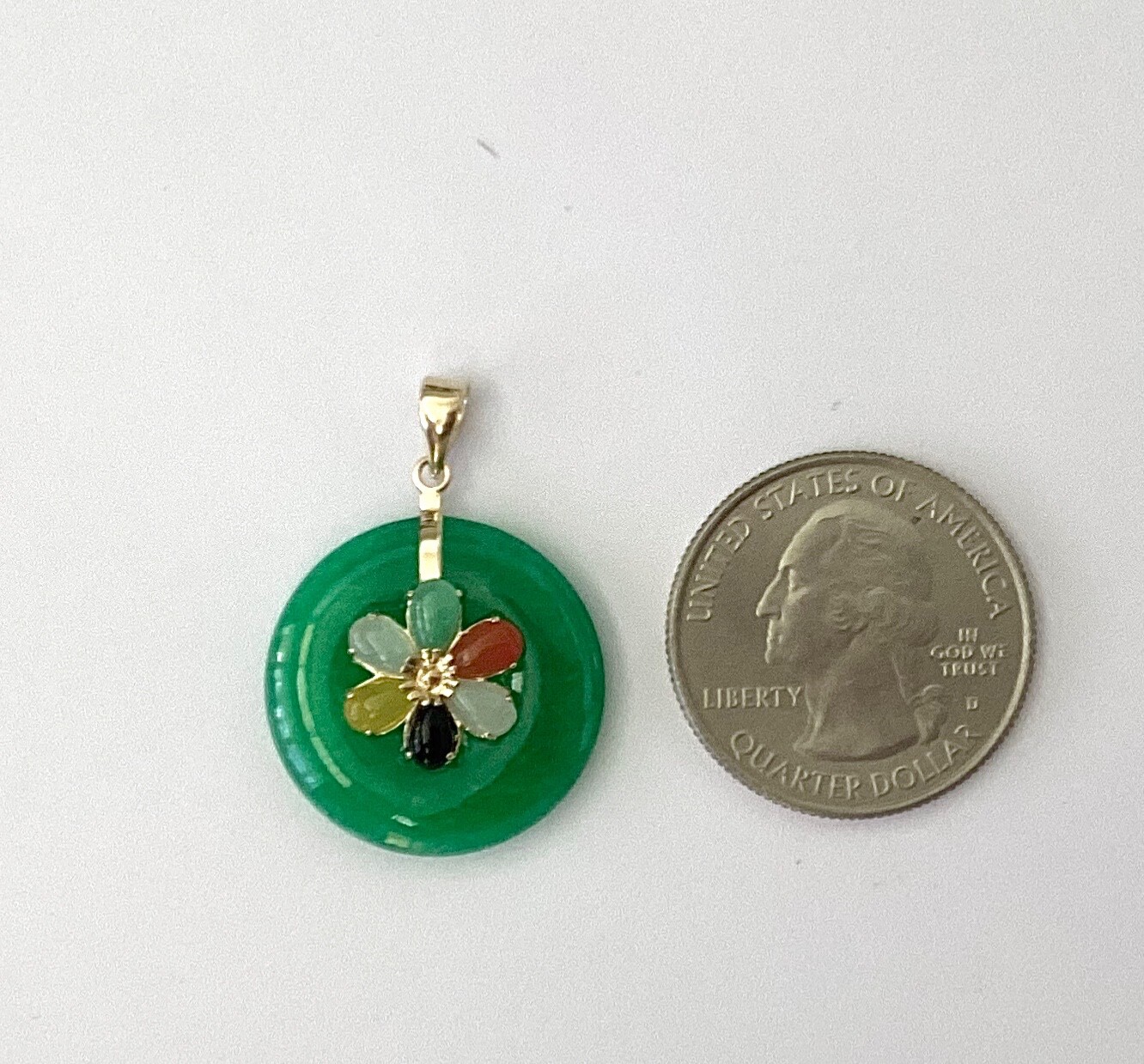 Solid 14K Yellow Gold Green Jade & Multicolor Jade Flower Pendants NEW