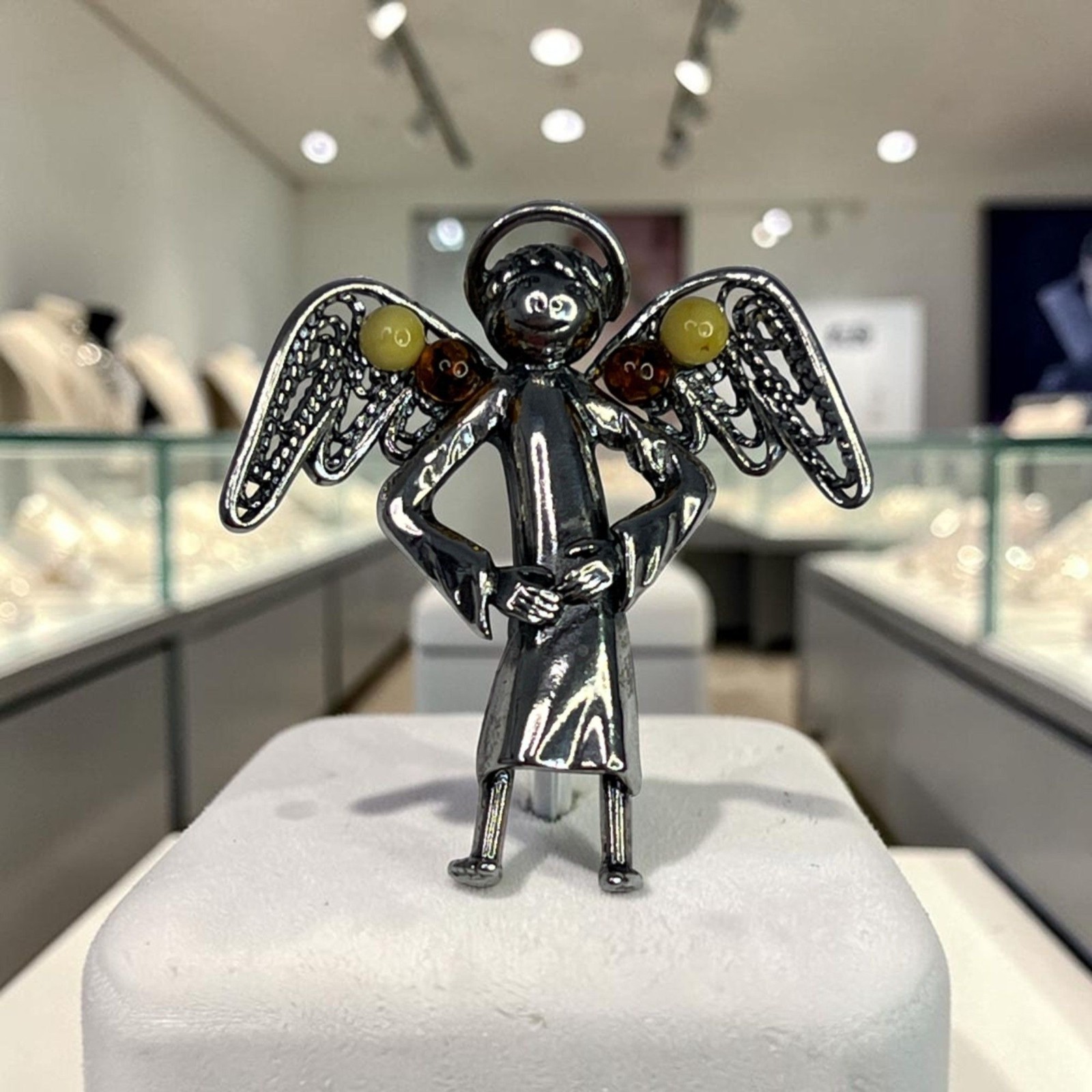 Sterling Silver Guardian Angel Pendant With Cognac Any Yellow Amber Detail