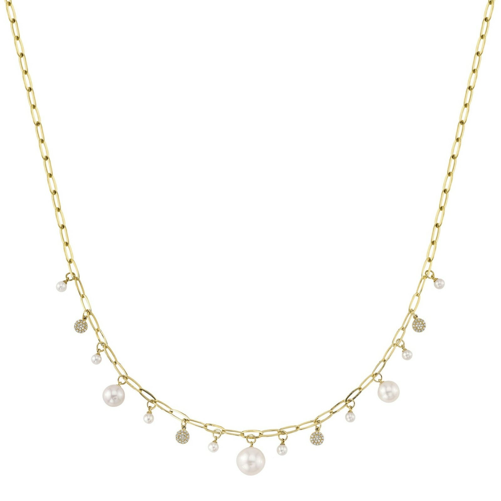 Pearl Diamond Paper Clip Link Necklace 14K Yellow Gold Shaker Dangle 0.17CT
