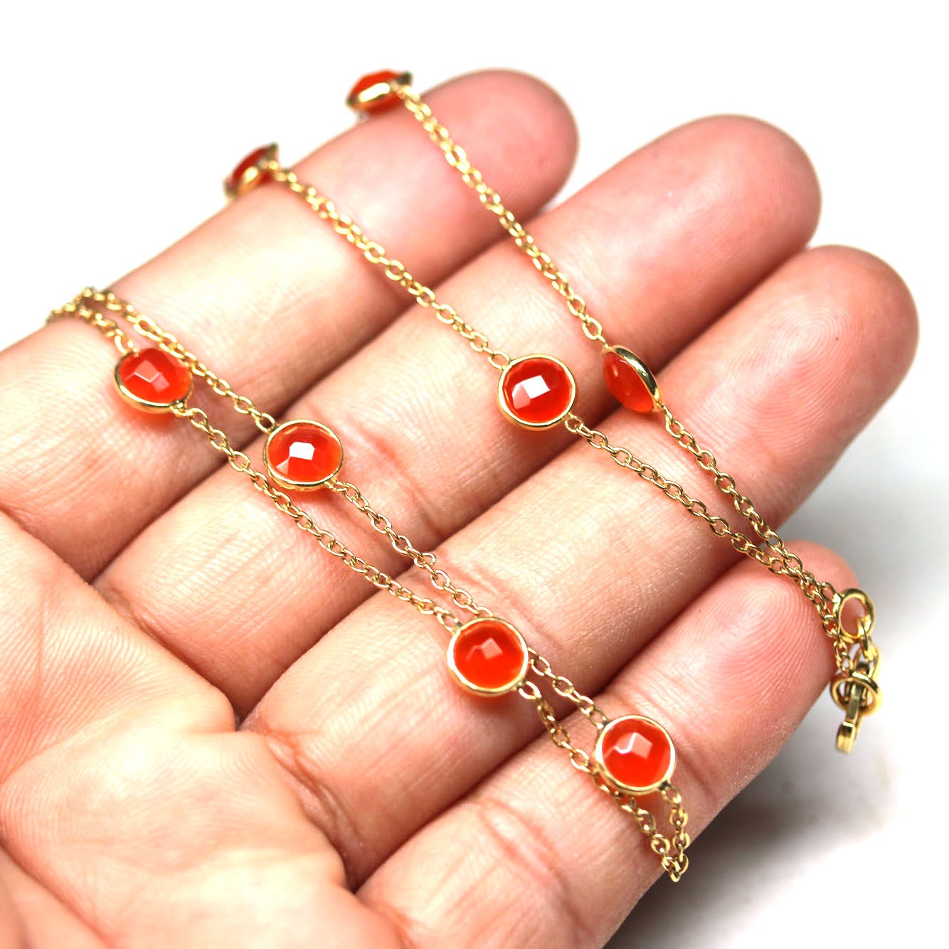 Handmade 925 Sterling Silver Orange Carmelian Necklace 36 in 18K Gold Plated