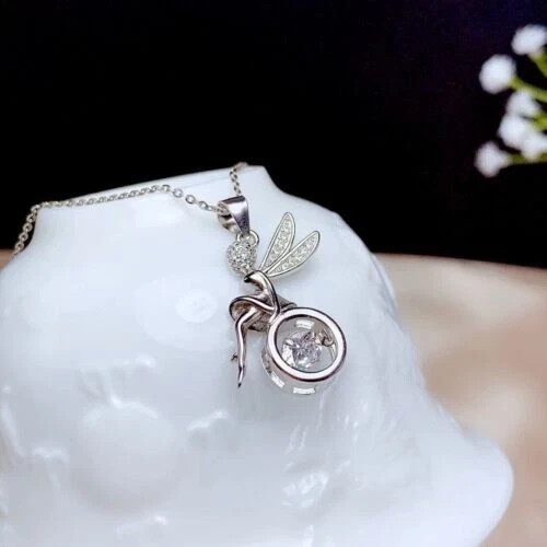 0.60Ct Round Cut Real Moissanite Angel Wings Pendant 14K White Gold Plated Chain