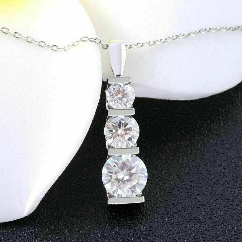 2 Carat Lab Created Diamond Three-Stone Pendant 14K White Gold Finish Free Chain