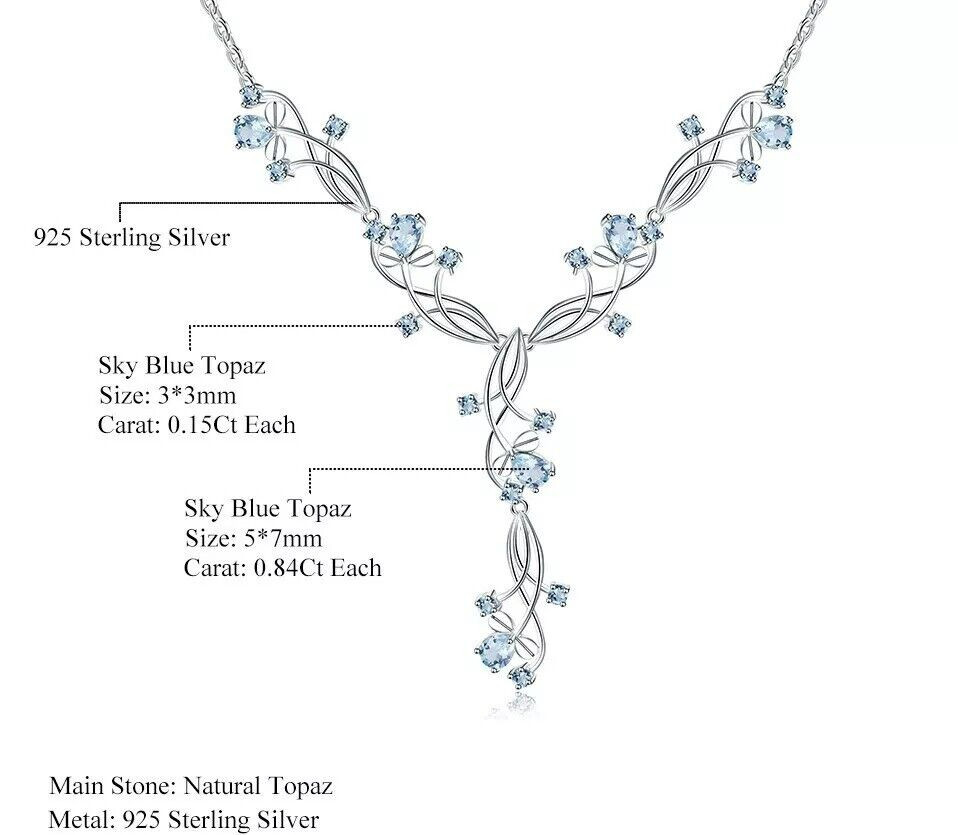 Natural 7.89Ct Sky Blue Topaz Gemstone 925 Sterling Silver Bridal Necklace