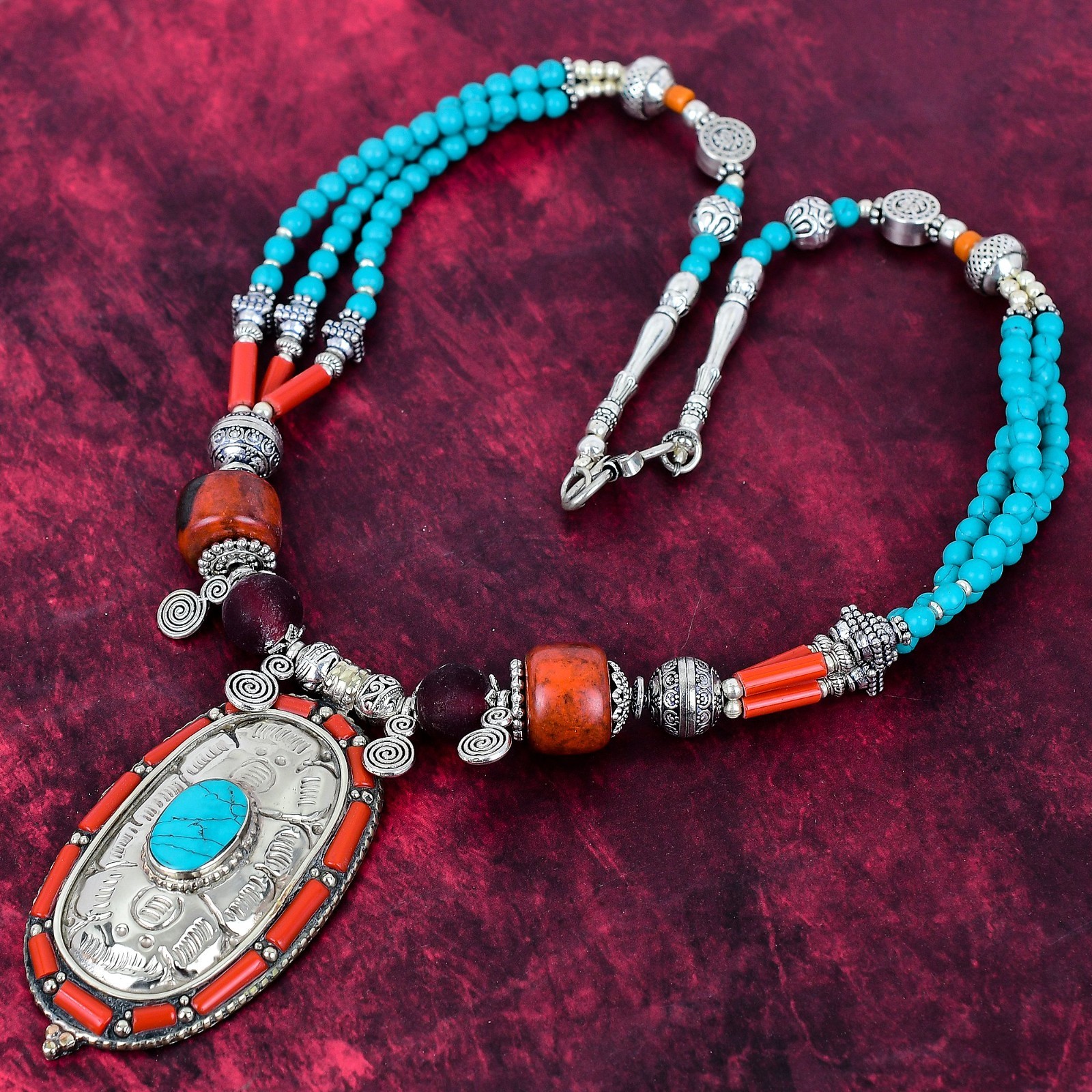 Turquoise & Red Coral Gemstone Handmade Jewelry 925 Solid Silver Nepali Necklace