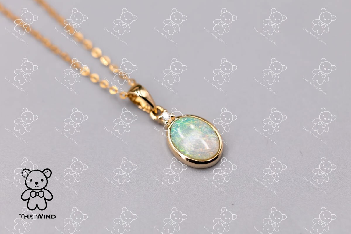 Minimalist Oval Australian Solid Opal & Diamond Pendant Necklace 18k Yellow Gold