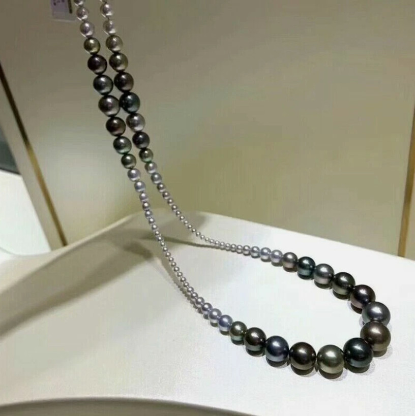 natural AAA elegant tahitian multi-color 5-10mm round pearl necklace 925S 35IN