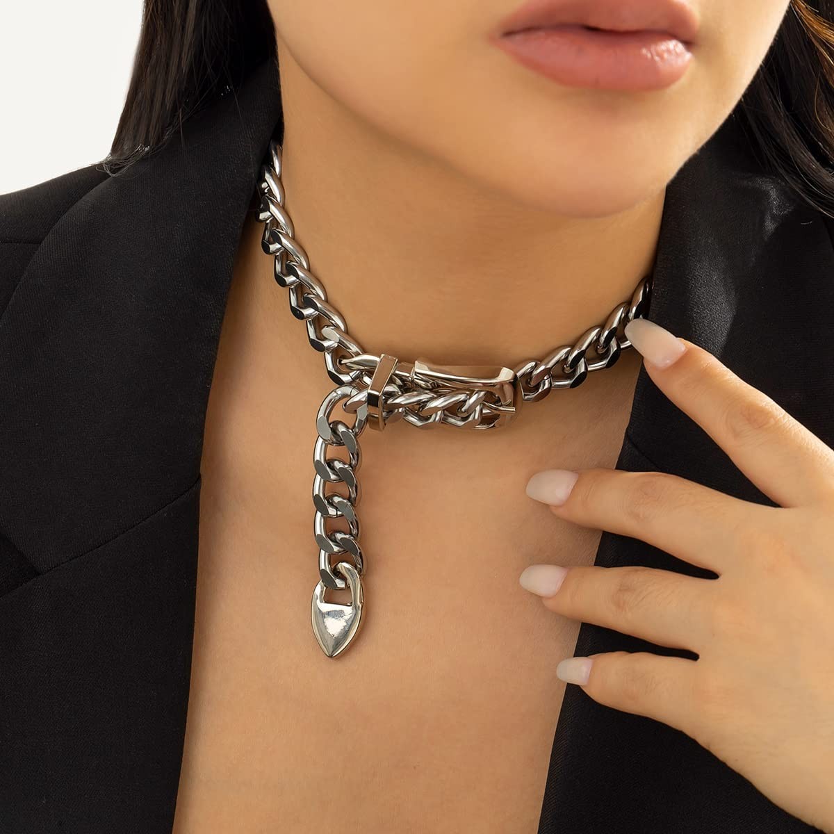 Silver Statement Belt Style Chunky Chain Choker Necklace for Women Punk Jewelry