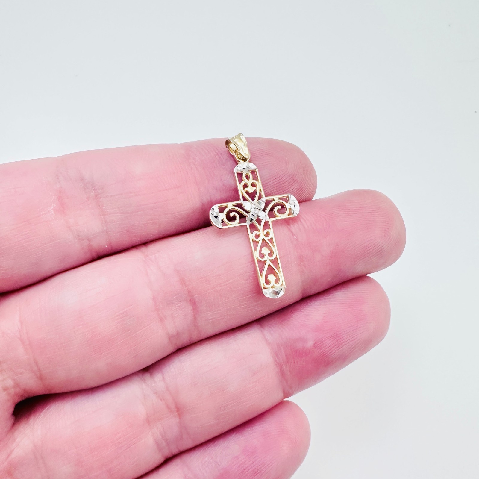 Solid 10K Multi-Tone Gold Filigree Cross Pendant w/White Sapphire Accent, 1.15″