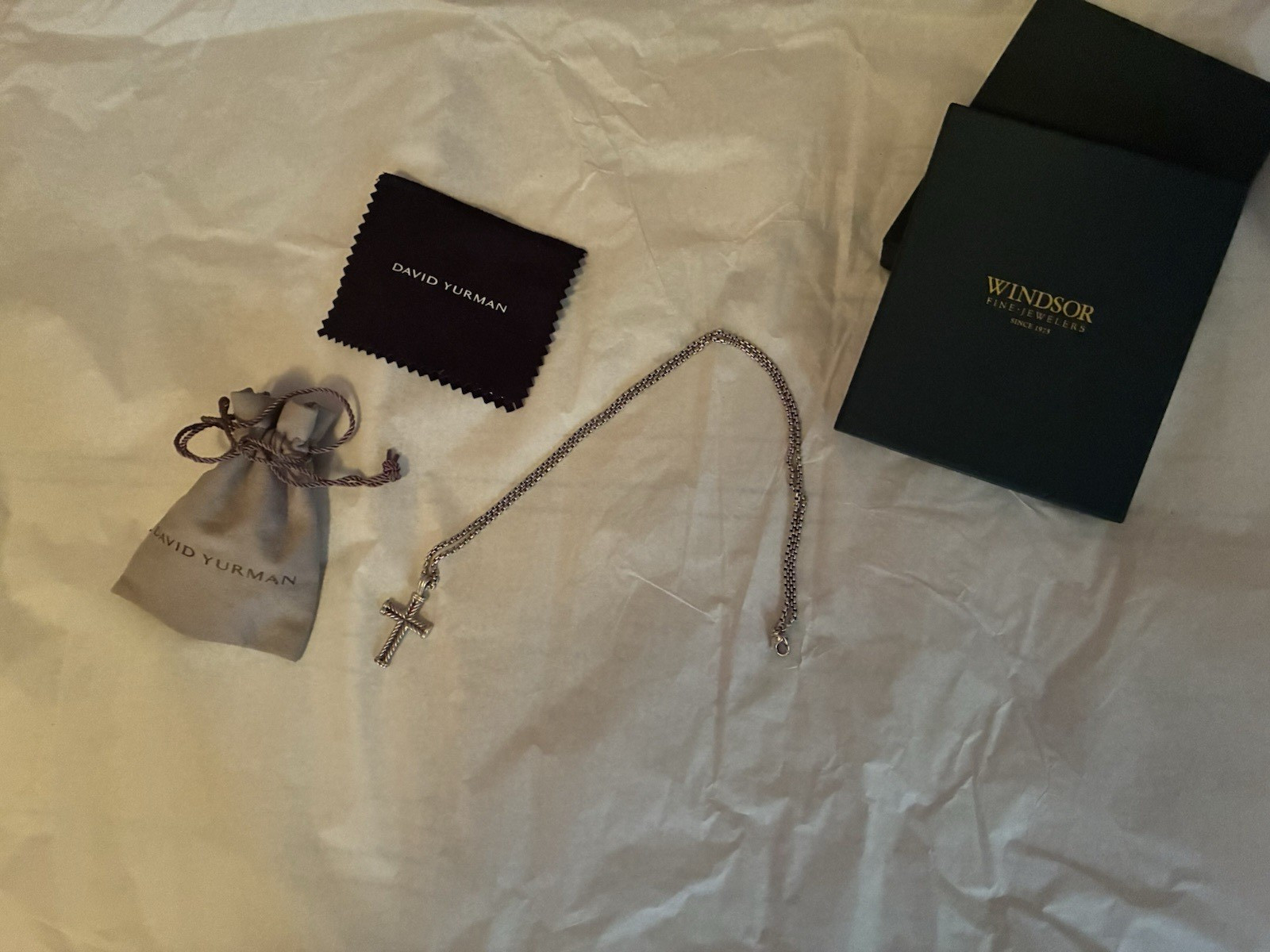 David Yurman 925 Sterling Silver Cross Charm Pendant Box Chain Necklace 2.7mm