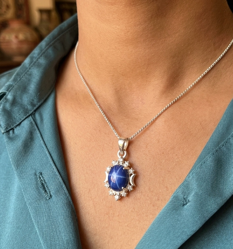 Genuine Blue Star Sapphire Gemstone 925 Starling Silver Lindy Star Stud Pendant