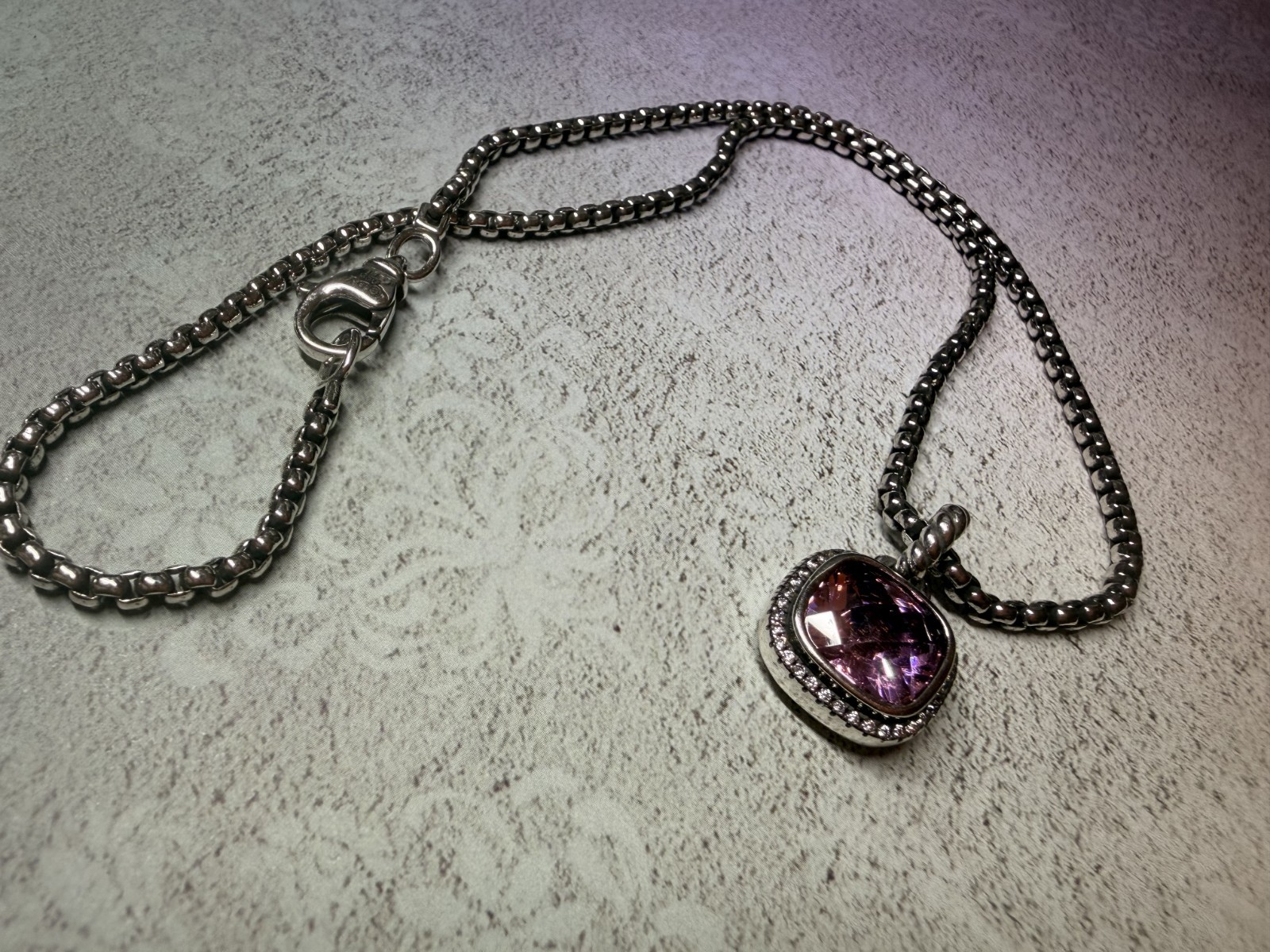 David Yurman Sterling Silver 925 Box Chain 14mm Necklace Pink tourrnaline 18″