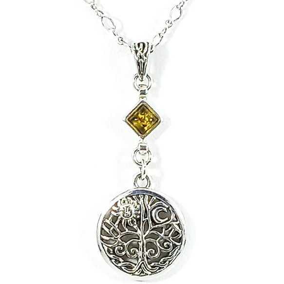 Vintage 925 Sterling Silver Green Baltic Amber Tree of Life Necklace