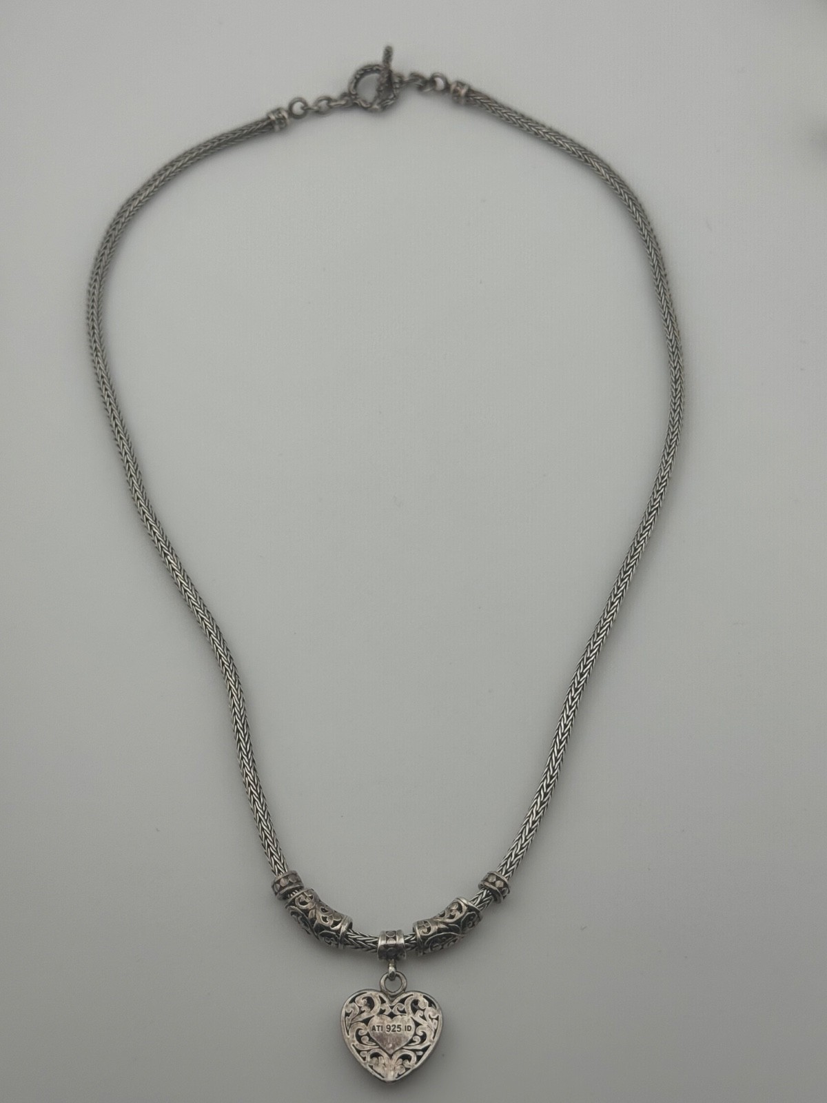 Sterling Silver Heart Necklace Toggle Clasp Signed ATI ID