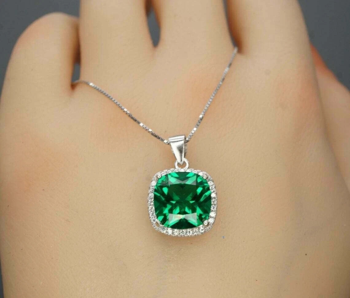 2Ct Cushion Cut Green Emerald Diamond Halo Pendant 14K White Gold GP Free Chain