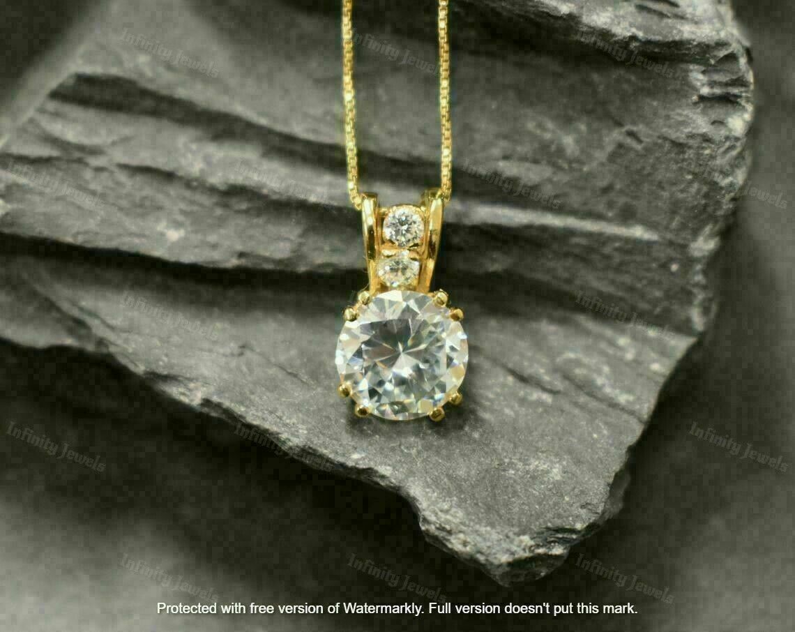 3Ct Round Cut VVS1/D Diamond Solitaire Pendant 14K Yellow Gold Finish Free Chain