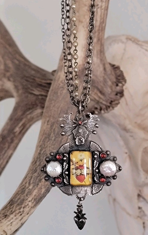 Sweet Bird Studio Sacred Heart W/Pearls Necklace $595 EUC Solid Sterling 925