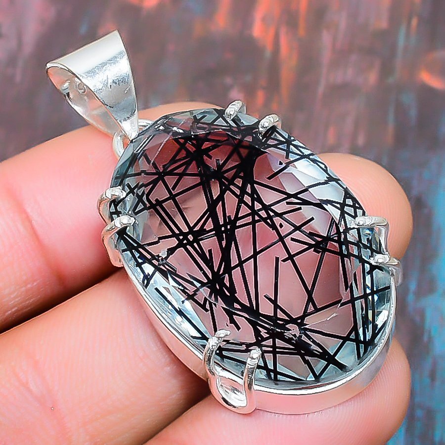 Black Rutile Gemstone Handmade Gift Jewelry Pendant 1.77″ I300