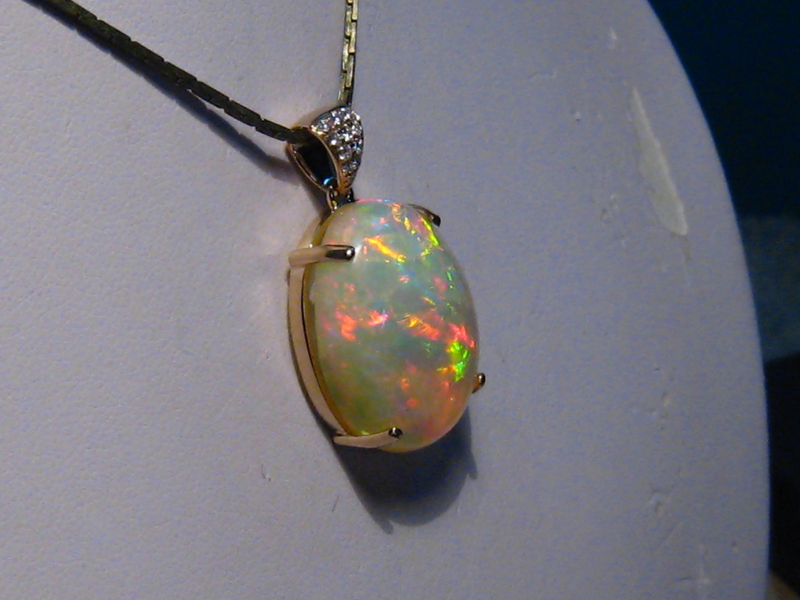 Large 25 ct Welo Opal & Diamond Pendant , Solid 14 k Gold , Brightness 5+