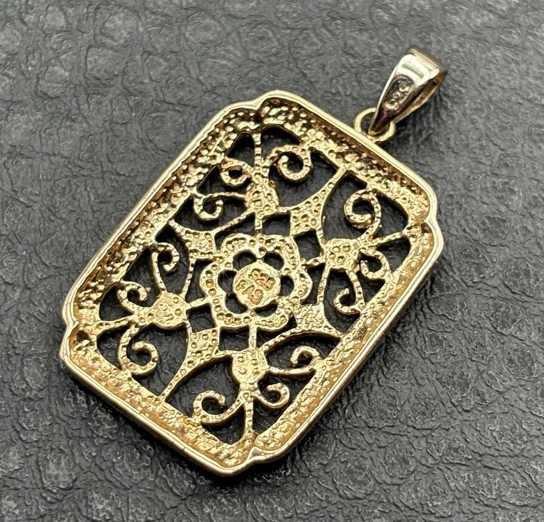 Vermeil Sterling Silver Filigree Rectangle Pendant Floral Cutout Design Openwork