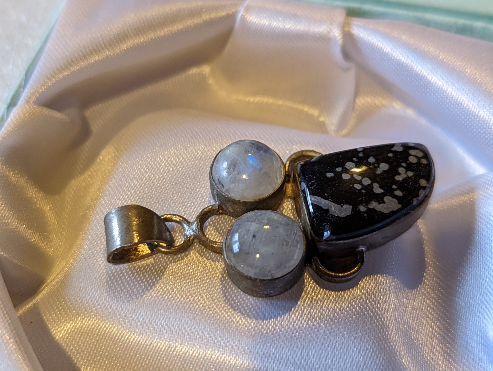 Vintage Natural Jasper & Moonstone Gemstone Pendant on German Silver 11g 50x24mm