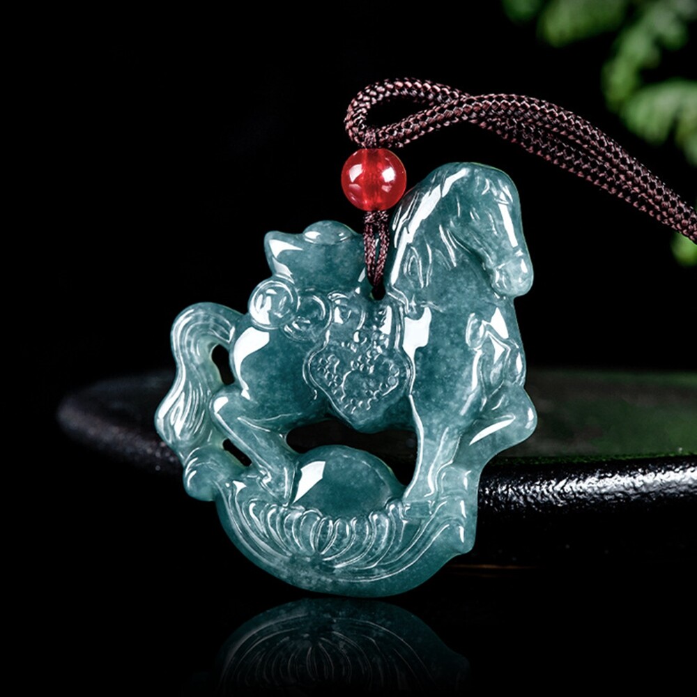 Certified Grade A Natural Green Jade jadeite Zodiac Horse Lucky Pendant Necklace