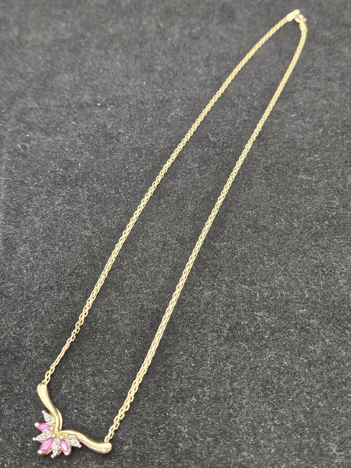 14K Solid Yellow Gold Bar Set Natural Ruby & Diamond Pendant Necklace