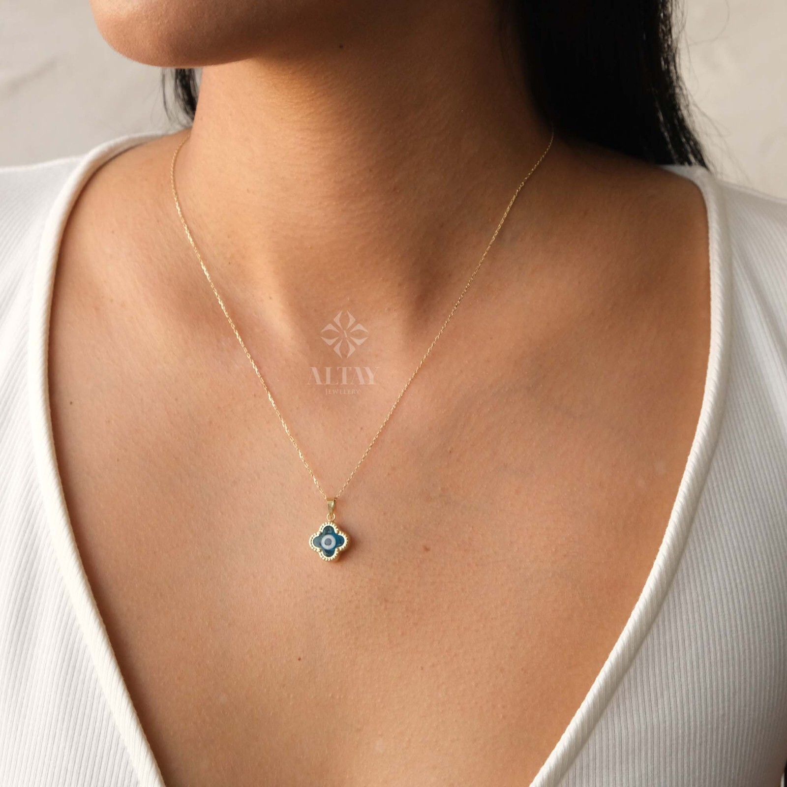 14K Gold Evil Eye Necklace, Clover Evil Eye Necklace, Evil Eye Charm Pendant