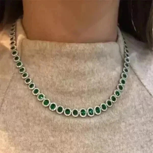 17Ct Oval Cut Lab Created Emerald Women’s Tennis Necklace 14K White Gold Plated