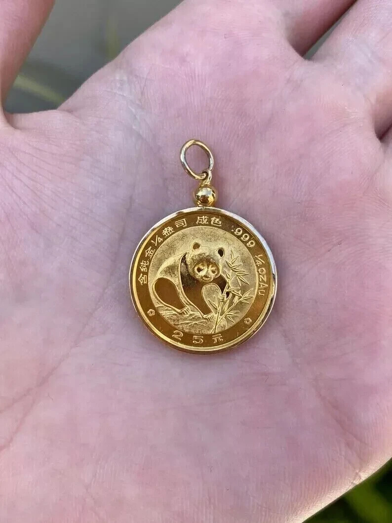 Coin Chines Panda Bear Charm Pendant 925 Silver 14k Yellow Gold Plated 18″ chain