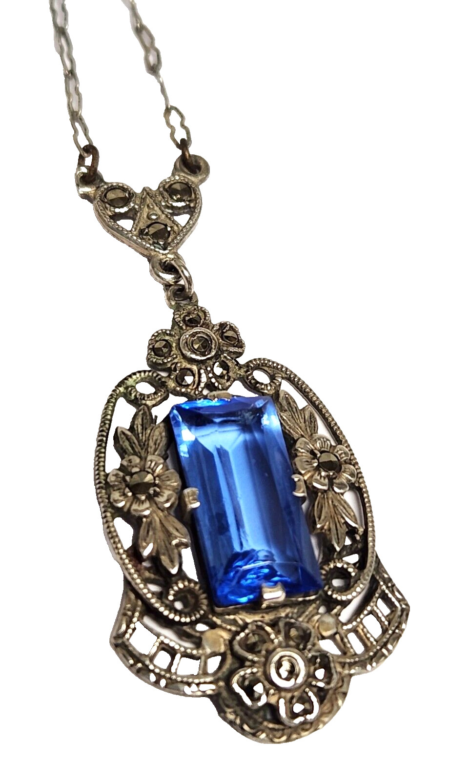 Antique 1930’s Deco Blue Marcasite Sterling Silver Pendant Necklace Germany 16″
