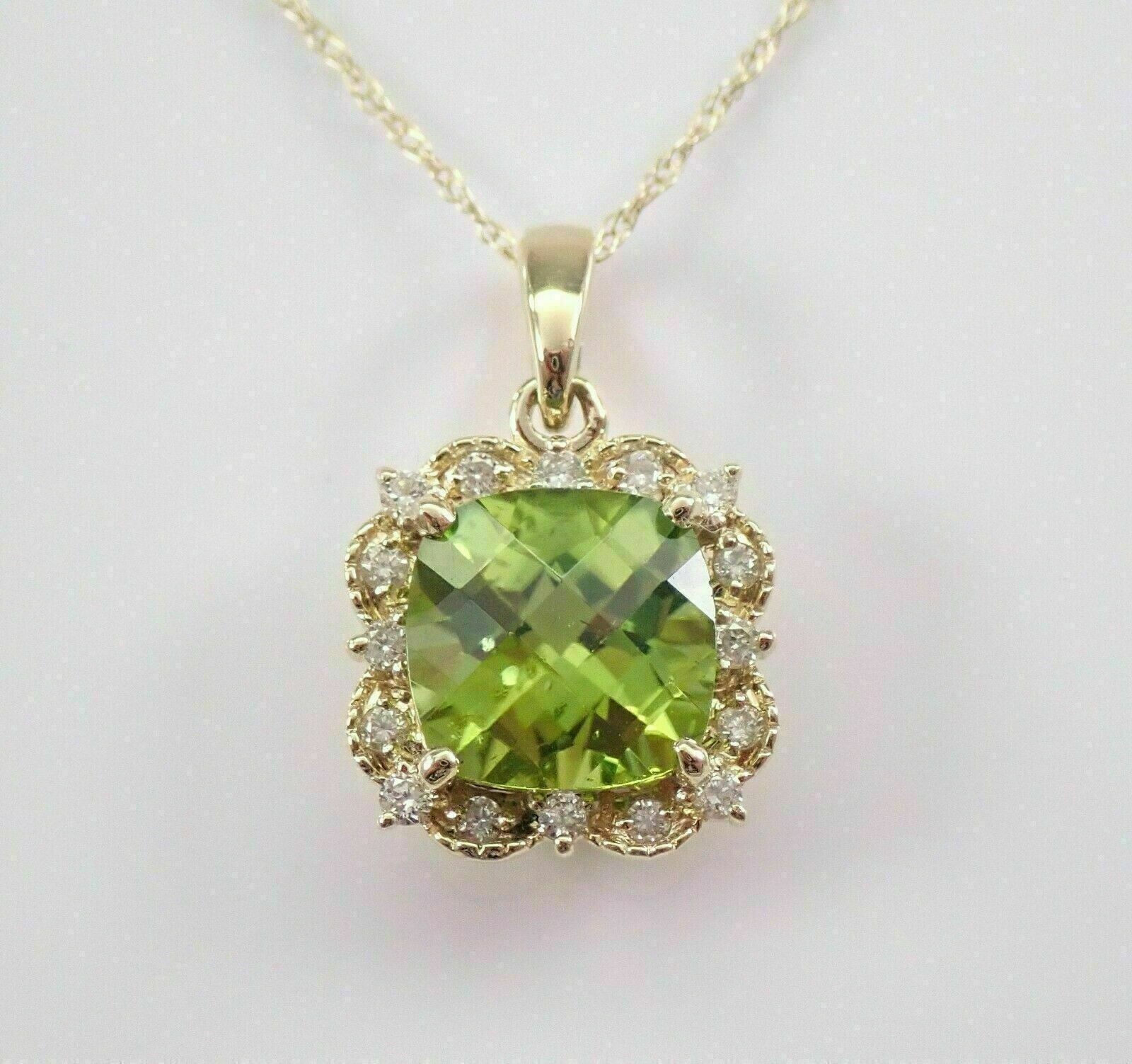 3Ct Cushion Cut Peridot Halo Beauty Pendant 14K Yellow Gold Finish