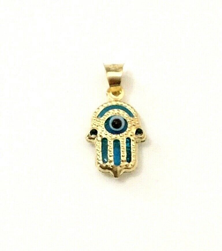 14K SOLID GOLD HAMSA BLUE EVIL EYE PENDANT/14K ORO PURO DIJE DE MANO Y OJO-17mm