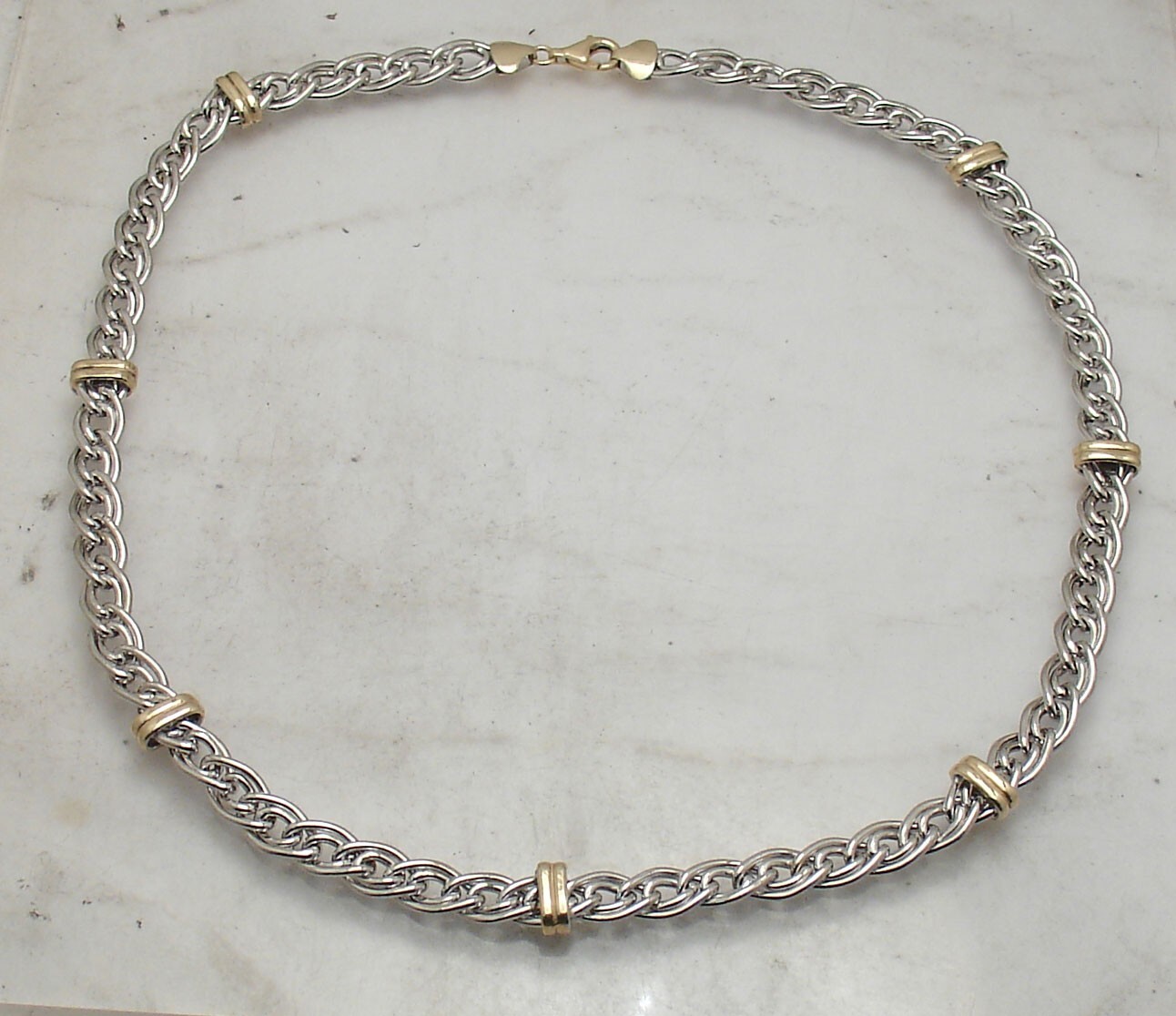 Technibond Bar Station Double Curb Chain Necklace 14K TwoTone Gold Plated Silver