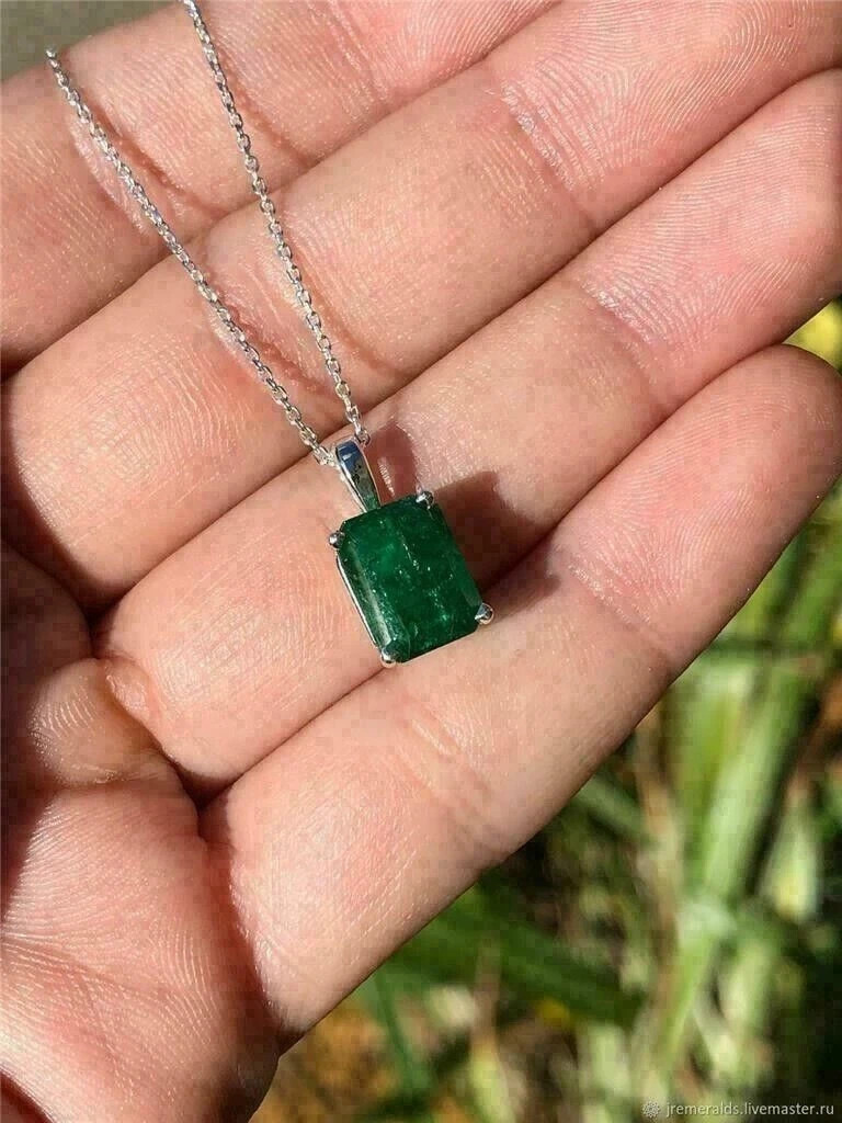 2.00Ct Emerald Cut Lab Created Green Emerald Pendant 14K White Gold Finish