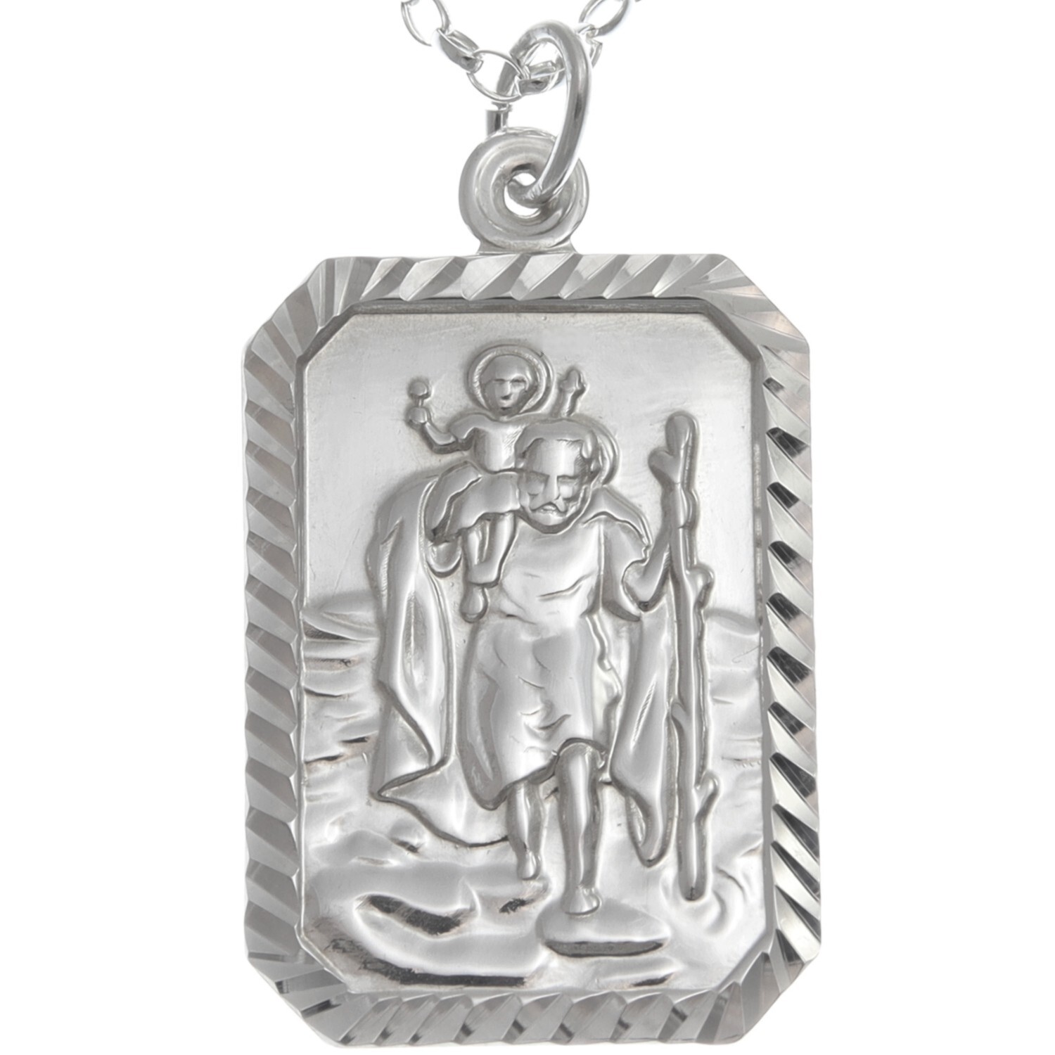 Large Silver St Christopher Pendant Necklace with 20″ Silver Chain and gift box