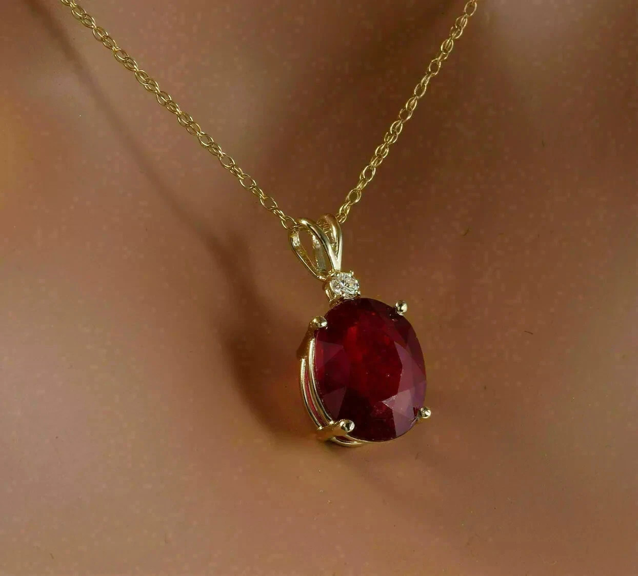 4Ct Lab Created Oval Ruby Diamond Solitaire Pendant Necklace 14K Yellow Gold Fn