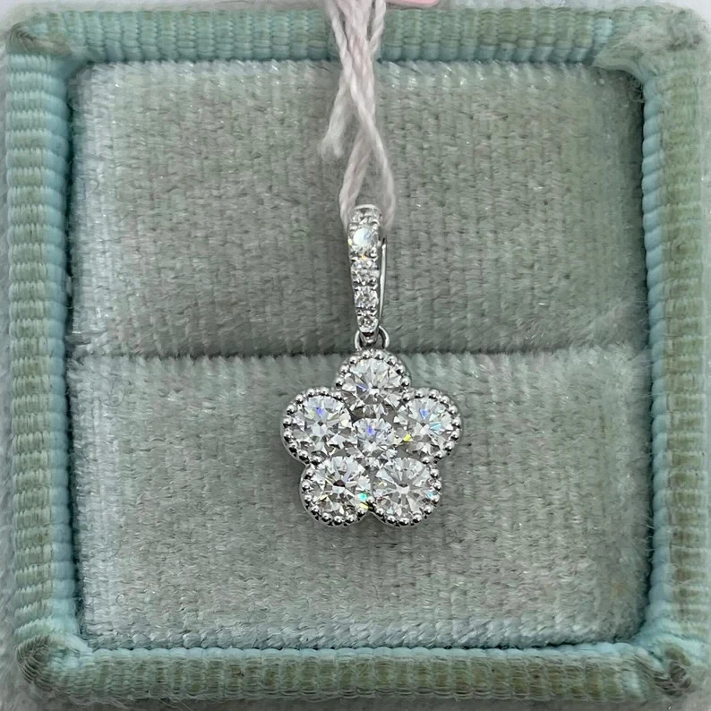 0.69Ct Round Cut Real Moissanite Flower Pendant 14K White Gold Plated Silver
