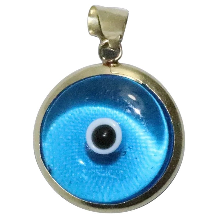 14 KT Yellow Gold Circular Blue Evil Eye Pendant