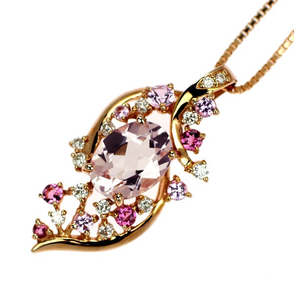 K18PG Morganite Pink Tourmaline/Sapphire Diamond Pendant Necklace 0.94ct T0.09ct