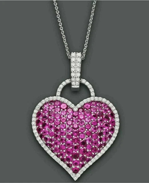 2Ct Round Cut Lab Created Pink Ruby Cluster Heart Pendant 14k White Gold Over