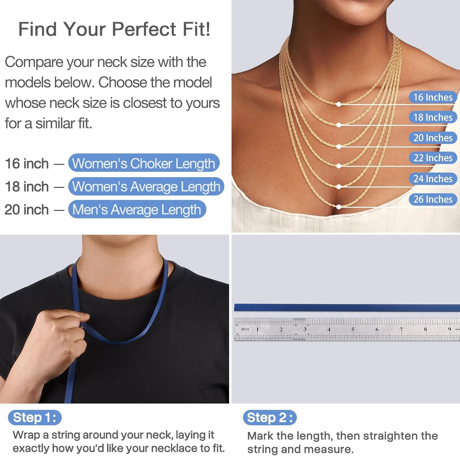 2mm Rope Chain 925 Sterling Silver Chain Necklace for Women, 14K Gold Plated Cha