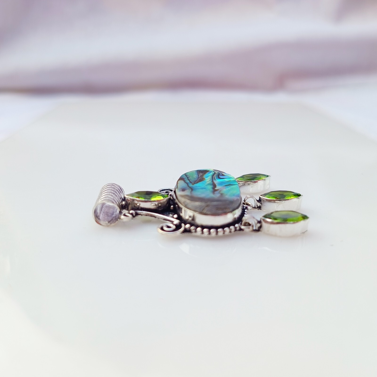 Green Peridot Abalone Pendant 925 Sterling Silver Handmade Gemstone Jewelry Gift